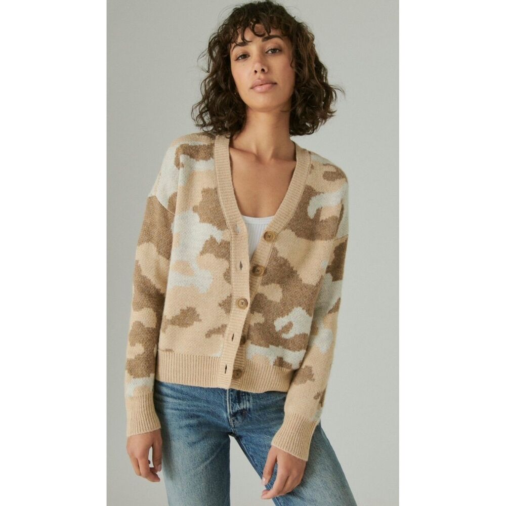 LUCKY BRAND Camo Cardigan in Natural Multi, Wool Blend, Sz L